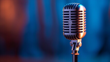 Classic microphone isolated on neon blue background, podcast banner background