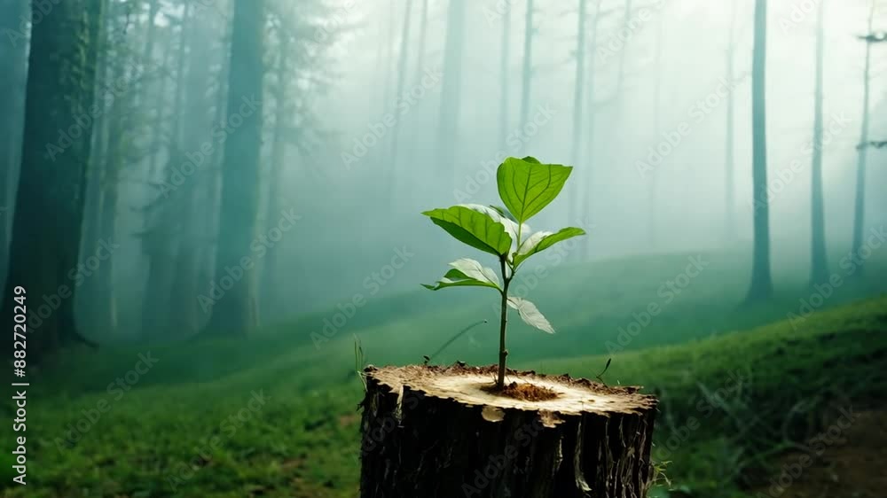Poster sapling growing on tree stump in foggy forest generative ai