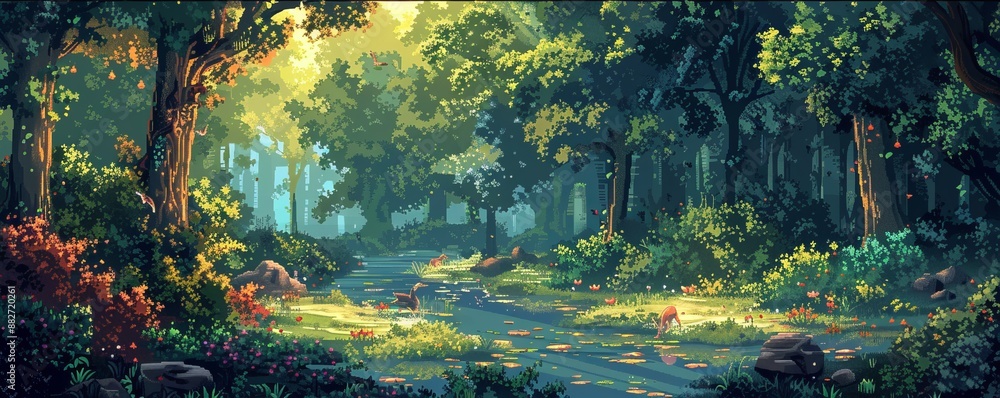 Poster a pixel art rendition of a pixelated forest teeming with pixelated wildlife, their pixelated forms e