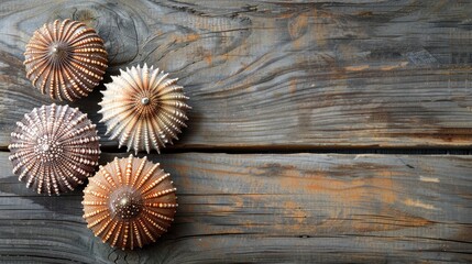 Fototapeta premium Sea urchin shells collection on rustic wooden background with text space