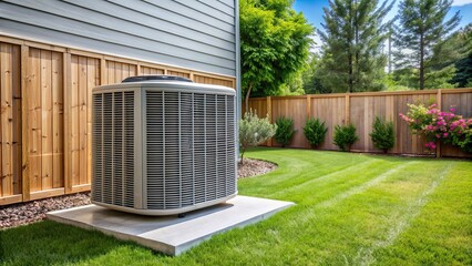 Modern energy efficient air conditioning unit in backyard setting, energy efficient, cooling system