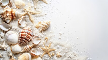 Shells and sand against a white backdrop