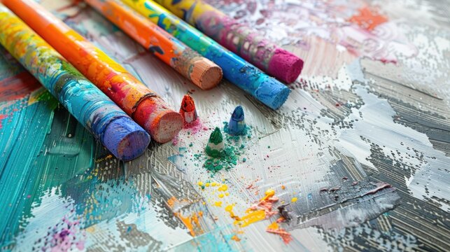 Set of oil pastel crayons for young artists on white table emphasizing creativity Top view with selective focus