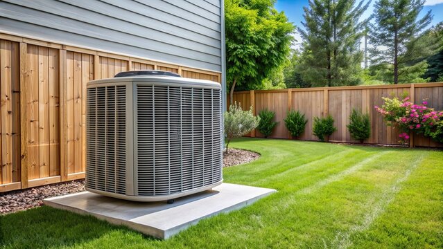 Modern energy efficient air conditioning unit in backyard setting, energy efficient, cooling system