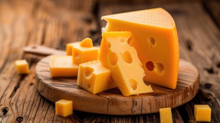 Sliced homemade smoked cheese on a wooden surface