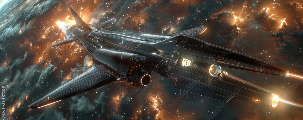 Poster a photorealistic depiction of a sleek spaceship soaring through a nebula, its engines glowing and it
