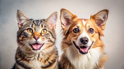 Obraz premium Adorable happy dog and cat gaze directly at camera, showcasing innocent friendship and affectionate bond between unlikely pet companions.