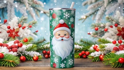 Vibrant cartoonish festive Santa Claus surrounded by snowflakes and holly leaves wraps around a 20 oz skinny tumbler.
