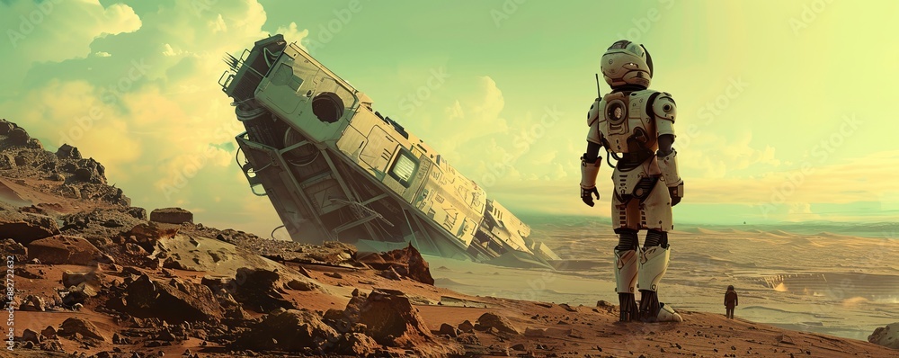 Poster a robot exploring a desolate alien world, its curiosity and resilience guiding its path.