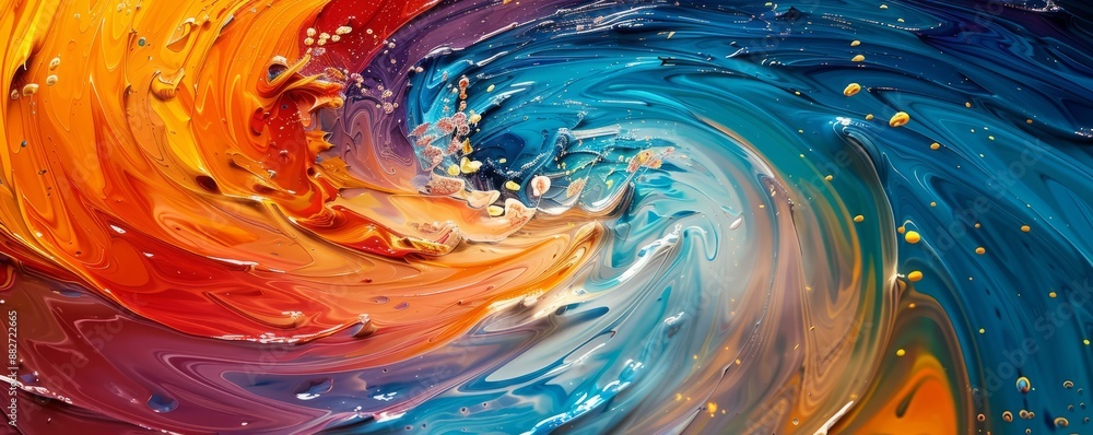 Poster a swirl of vibrant colors blending together, creating a mesmerizing pattern.
