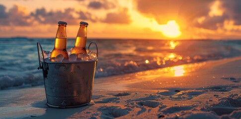 Fototapeta premium Beer bottles chilling in an ice bucket against a stunning sunset backdrop