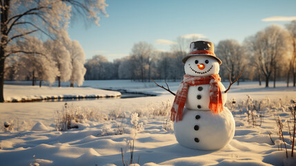 Obraz premium A Cheerful Snowman With A Carrot Nose And Coal Eyes Standing In A Sunny Meadow