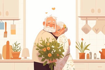 illustration of old couple's love life, concept of elder's love and romance and daily life