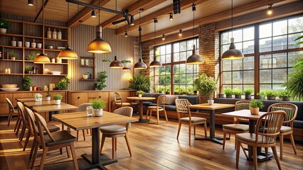 Cozy cafe interior with wooden furniture and soft lighting, cafe, interior, cozy, furniture, lighting, decor, ambiance, coffee