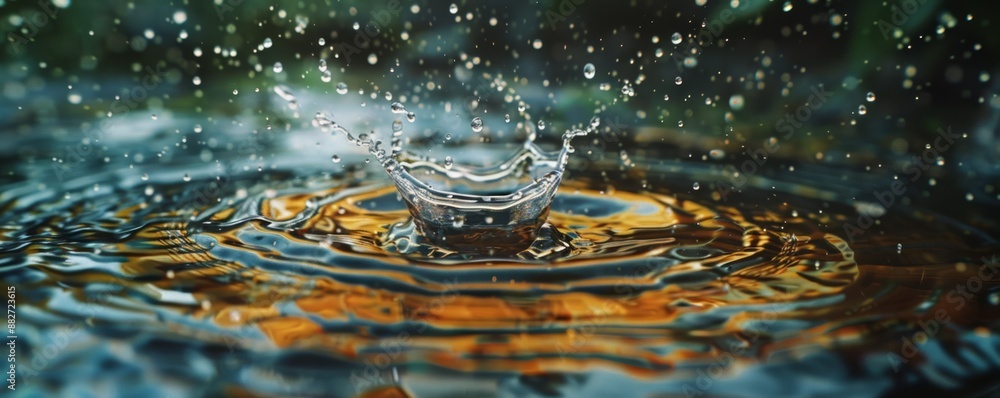 Poster a photorealistic image of a single raindrop splashing into a puddle, creating a ripple effect that s