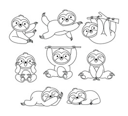 Set of sloth doodle collection, sloth outline coloring page or book animals for kindergarten, Vector line art set of animals wildlife, Hand drawn, Minimal sloth line art doodle in different pose. © vesvocrea