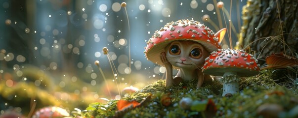 A photorealistic image of a mischievous fairy peeking out from behind a mushroom, its eyes twinkling with curiosity.