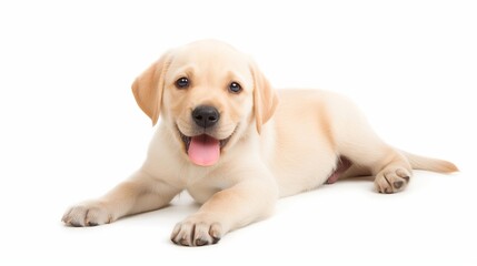 A cute little dog is laying on a white background. The dog is smiling and has its tongue out