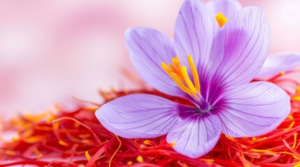 A purple flower with orange petals sits on a red background. The flower is the main focus of the image, and the red background adds a warm and vibrant touch to the scene