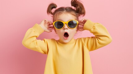 A young girl wearing yellow clothing and sunglasses is looking surprised. Concept of innocence and playfulness, as the girl appears to be enjoying herself