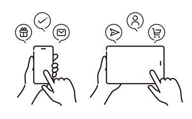 キャッシュレス、アプリ、メール送信の説明に使える スマートフォン・タブレットをタッチするイラスト素材