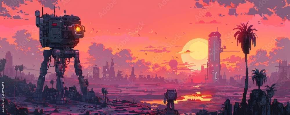 Poster a pixel art depiction of a pixelated robot exploring a pixelated alien world.