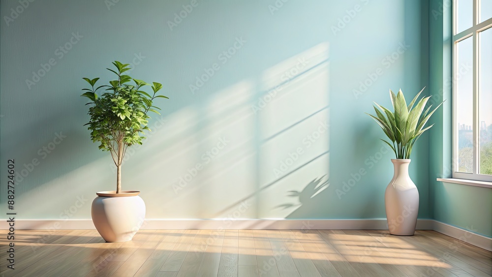 Wall mural minimalist interior with pastel hues featuring a plant in a vase basking in soft sunlight, minimalis