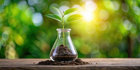 Green plant growing in a glass flask, botany, science, laboratory, experiment, research, ecology, environment, sustainability