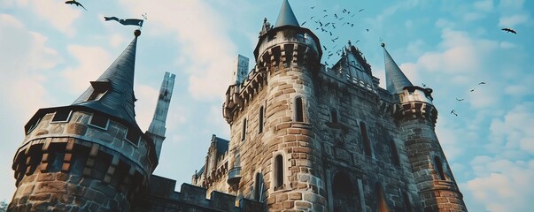 Fototapeta premium Tower with turrets and spires, 4K hyperrealistic photo