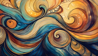 abstract pattern with blue and golden waves circles