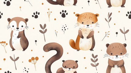 Cute watercolor otter pattern with paw prints and flowers on a light background. Perfect for children's designs and wallpapers.
