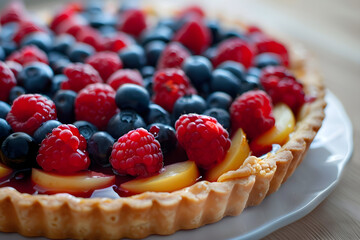 A colorful fruit tart with glossy berries and a flaky crust