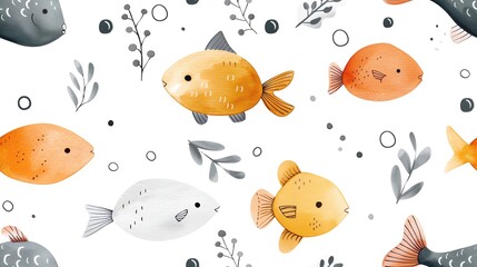 Cute hand-drawn fish pattern with colorful underwater creatures and sea plants on a white background.