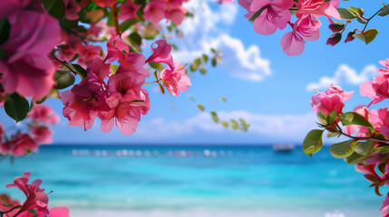 pink flowers and blue sky by the sea