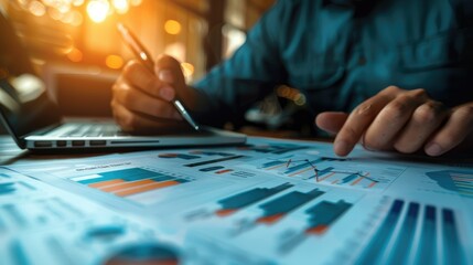 Close-up shot of an analytical working with the latest financial results
Financial accounting sales forecast graphs analysis with hand writing , digital effect abstract for background