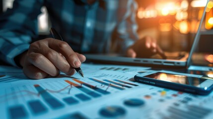 Naklejka premium Close-up shot of an analytical working with the latest financial results Financial accounting sales forecast graphs analysis with hand writing , digital effect abstract for background