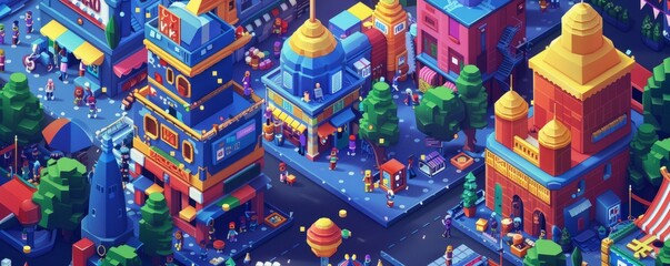 Fototapeta premium A pixel art rendition of a pixelated festival, with pixelated people enjoying pixelated music, food, and games.