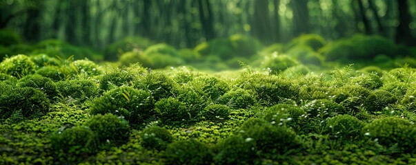 Green Mossy Forest Floor Texture Background, 4K hyperrealistic photo