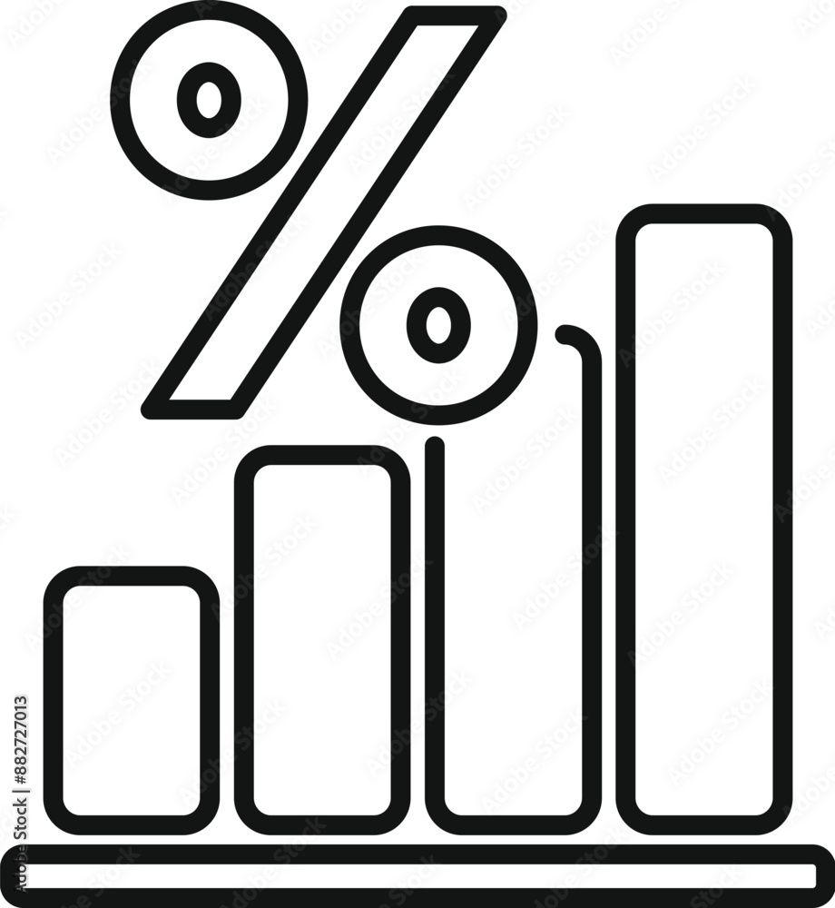 Poster line art icon style depicting a percentage sign placed on a rising bar graph symbolizing increasing 