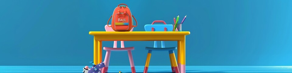 3D render of a playful school desk with a colorful backpack and fun chair on a bright blue background, cheerful back to school design