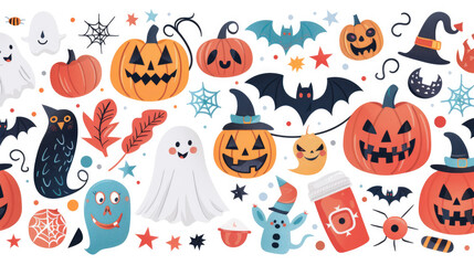 Colorful Halloween Pattern with Pumpkins, Ghosts, Bats, and Spooky Elements for Festive Decorations