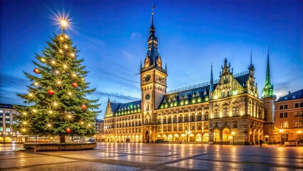 Fototapeta premium Hamburg Christmas tree on Rathausmarkt , Germany, holiday, festive, decorations, city, celebration, lights