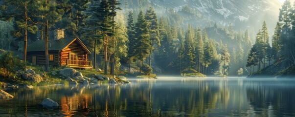 Fototapeta premium Tranquil lakeside cabin surrounded by towering pine trees, 4K hyperrealistic photo