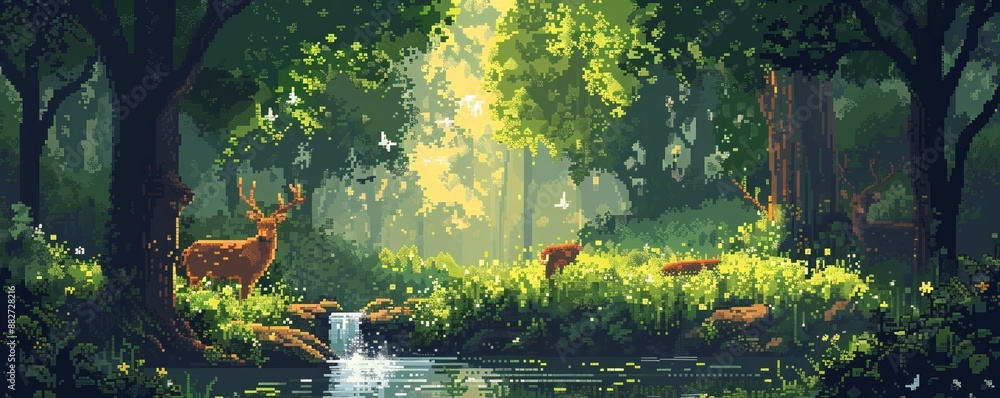 Poster a pixel art rendition of a pixelated forest teeming with pixelated wildlife, their pixelated forms e