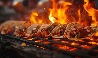 grilling tacos over flames, sizzling textures and vibrant colors