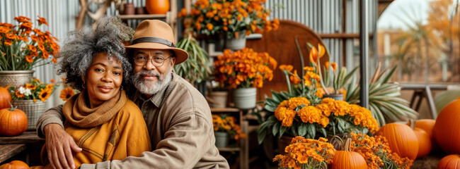 Obraz premium Senior black farmer couple with autumn pumpkin. African american older people near garden. Happy mature family with Thanksgiving or Halloween fall vegetables and flowers. Adults in gardening backyard