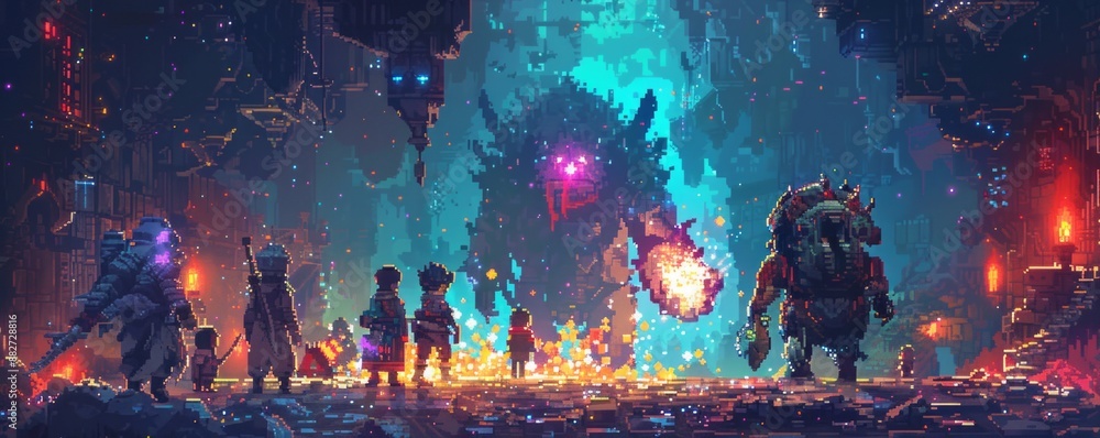 Poster a pixel art rendition of a group of pixelated adventurers exploring a treacherous dungeon, their pix