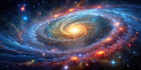 Dynamic galactic swirls blending colorful star fields in mesmerizing astrophotography, cosmos, kaleidoscope, vibrant