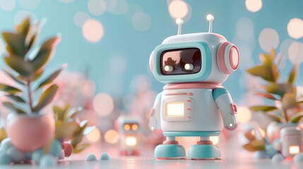 Fototapeta premium Cute cartoon robot with pastel colors and bokeh background.