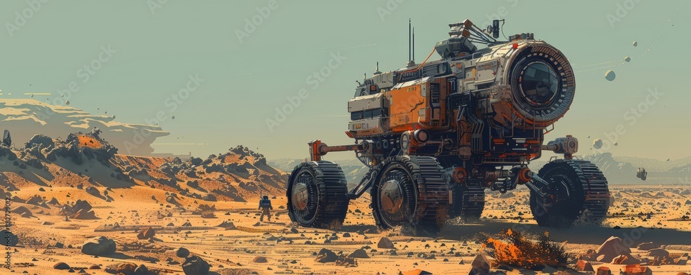 Poster a pixel art rendition of a retro-futuristic robot exploring a desolate planet, its pixelated form co